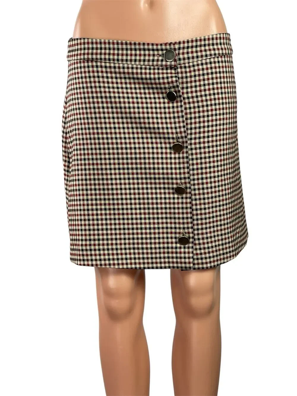 Zara Brown Plaid Checkered Button Down Pleated Mini Straight Pencil Skirt Size M